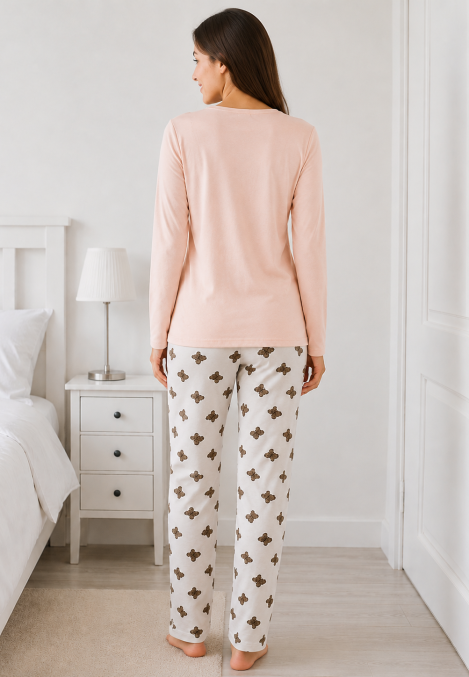 Pijama damă Serena bluză cu maneca lunga și pantaloni lung -roz pudra ,Engros